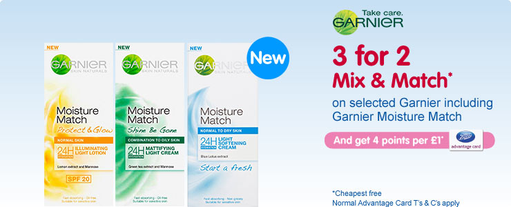 Three for two mix and match on selected skin care, including garnier moisture match. Click to find out more.