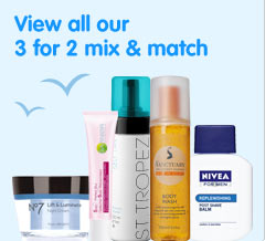 Three for two mix and match across selected skin body and sun care, including selected mens lines and number seven